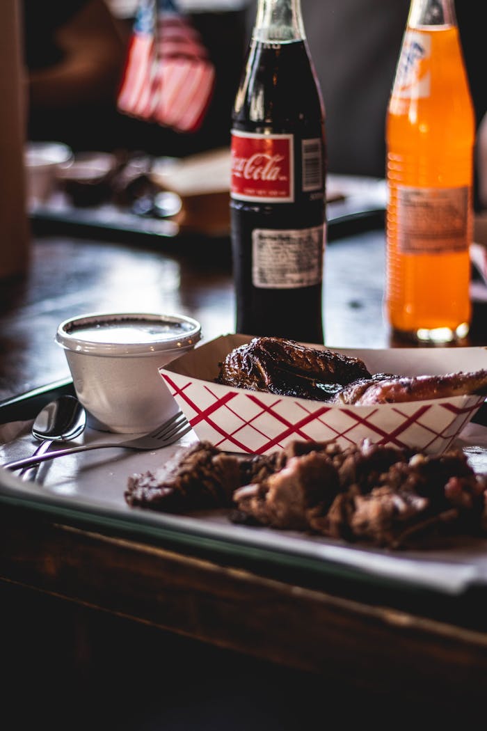 Food On Plate Beside Softdrinks